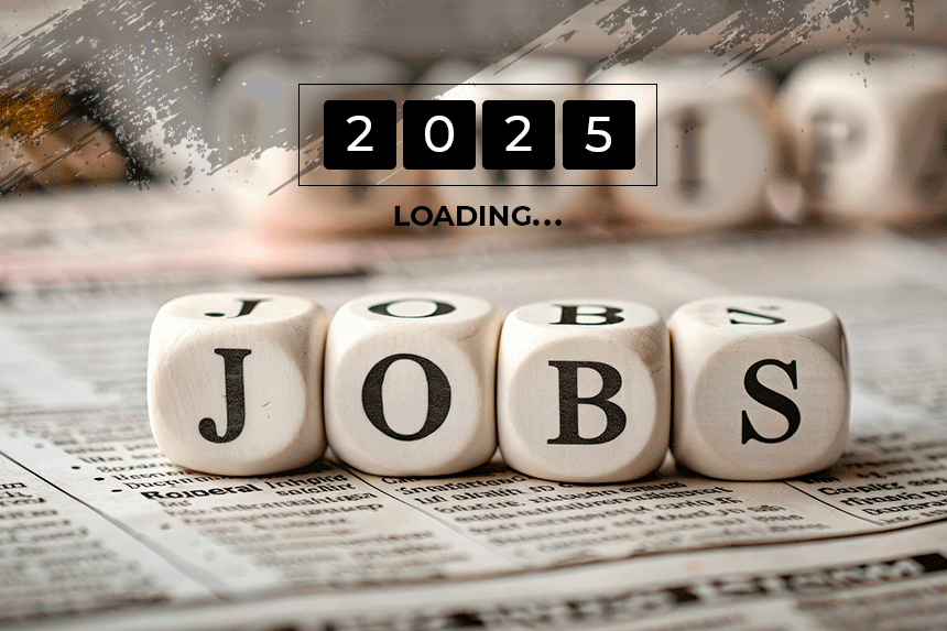 Blocos de madeira com as letras formando a palavra "JOBS" sobre um jornal de classificados de empregos. No topo da imagem, há um contador digital mostrando "2025" seguido da palavra "LOADING...".