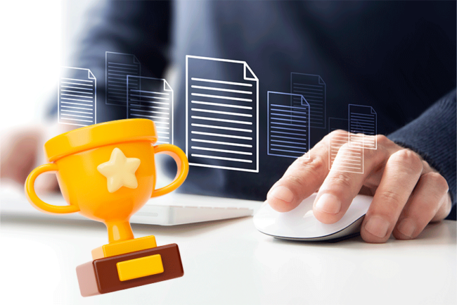 currículo campeão Mão utilizando um mouse com ícones digitais de documentos flutuando ao fundo, representando currículos e arquivos digitais. Na frente, um troféu dourado simboliza sucesso e destaque.