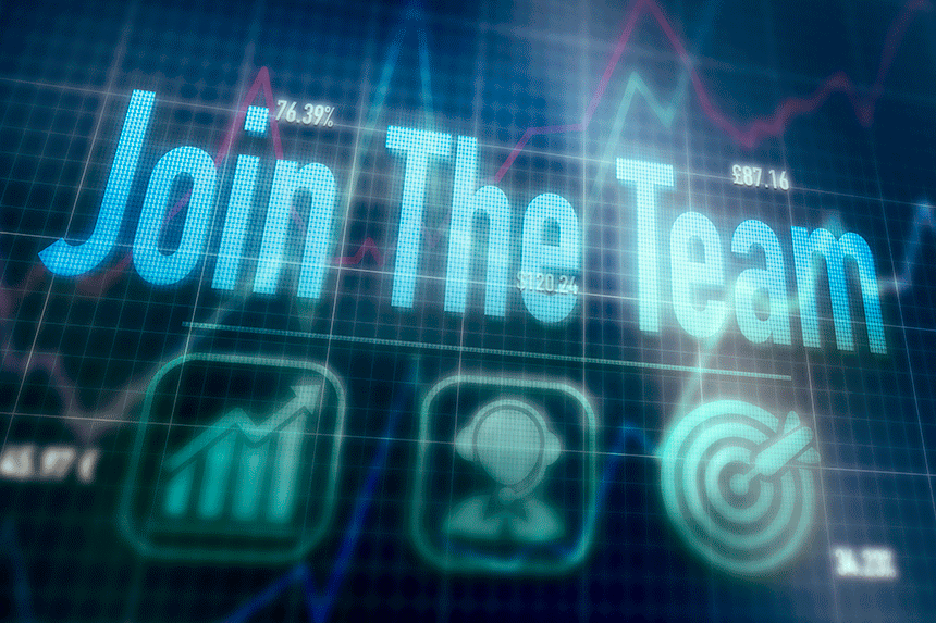 Imagem digital com o texto "Join the Team" sobreposto a gráficos de desempenho e ícones corporativos, representando recrutamento estratégico e crescimento empresarial.