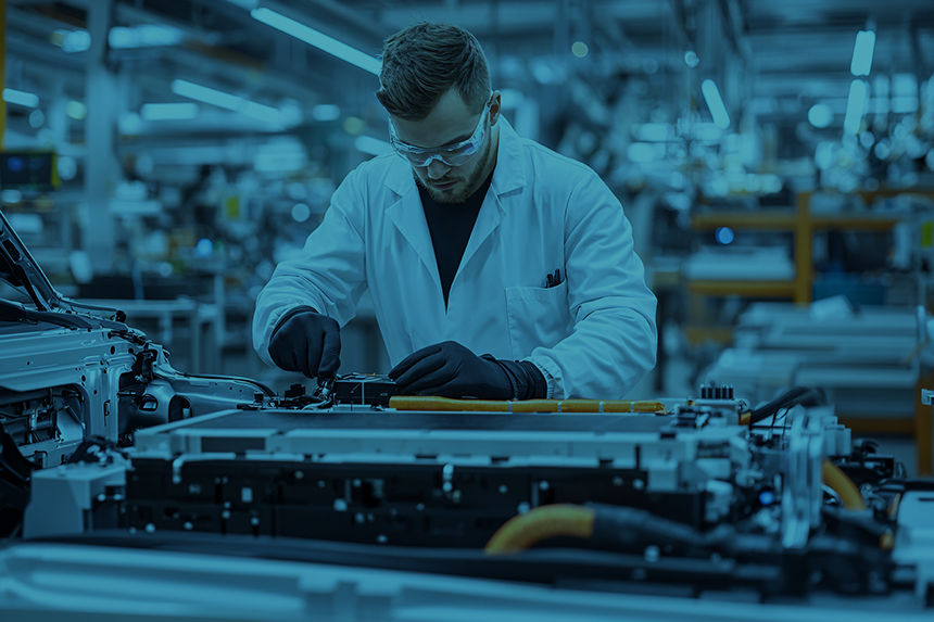 Técnico automotivo trabalhando na montagem de um veículo elétrico em linha de produção moderna.