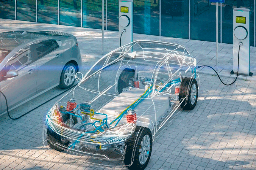 Veículo elétrico sendo recarregado com sobreposição gráfica destacando os componentes internos.